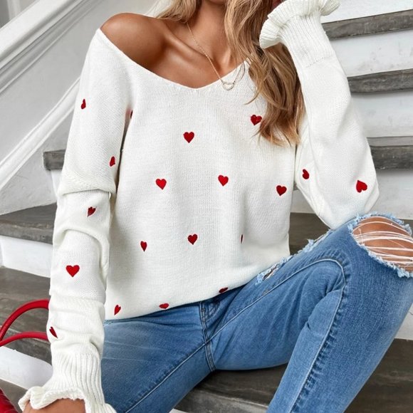 Valentine's Day Heart Print v-neck Sweater - Picture 5 of 5